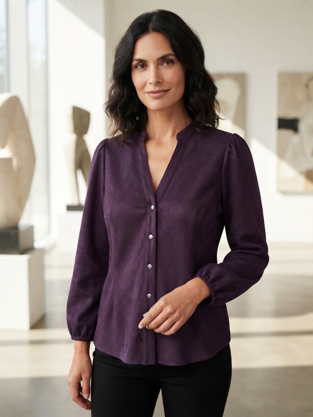 White House Black Market Purple Faux Suede Button-Front Blouse